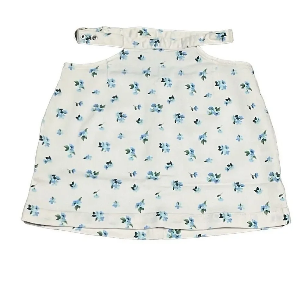 Revolve Weworewhat Ivory Blue‎ Floral Cut Out Belted Mini Denim Skirt Large NWT